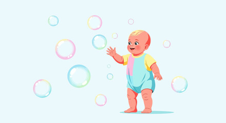 Fototapeta premium Delighted Baby Playing with Soap Bubbles: A Whimsical Illustration