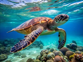 Fototapeta premium sea turtle swimming in water isolated on white background JPG, AI GENERATED