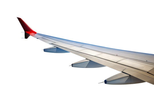 A closeup of an airplane wing against a transparent background, showcasing its aerodynamic design and engineering, isolated on transparent background