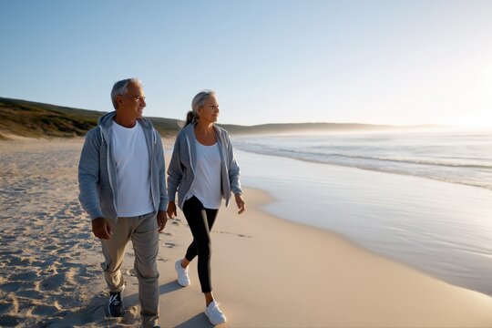 Elderly caucasian couple enjoys morning walk on tranquil beach