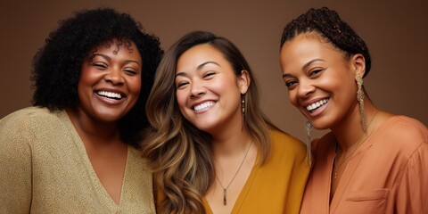 Fototapeta premium Joyful diverse adult women smiling together in warm tones