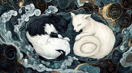 Yin Yang Foxes Sleeping Peacefully Amidst Swirling Clouds and Golden Accents Painting
