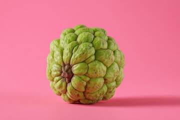 Obraz premium Single Textured Custard Apple Casting a Soft Shadow on a Vibrant Pink Background.