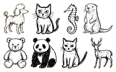 Obraz premium PNG Hand-drawn animal sketch collection, element set on transparent background