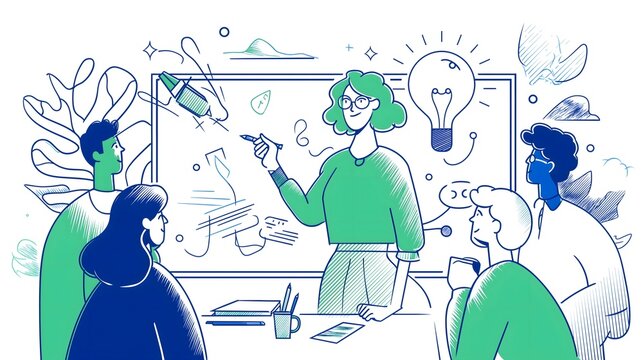 A female instructor presenting creative brainstorming ideas on a whiteboard with green and blue marker sketches in line art style for team meeting visuals