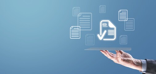 Man touch check mark on digital tablet,