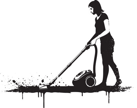 Abstract monochrome illustration of a woman vacuuming with artis