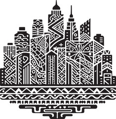 Obraz premium Stylized Black and White Cityscape Illustration Featuring Geometric Patterns and Designs