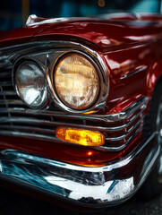 Fototapeta premium Close-up of a classic red vintage car's front detail showing headlight and chrome accents