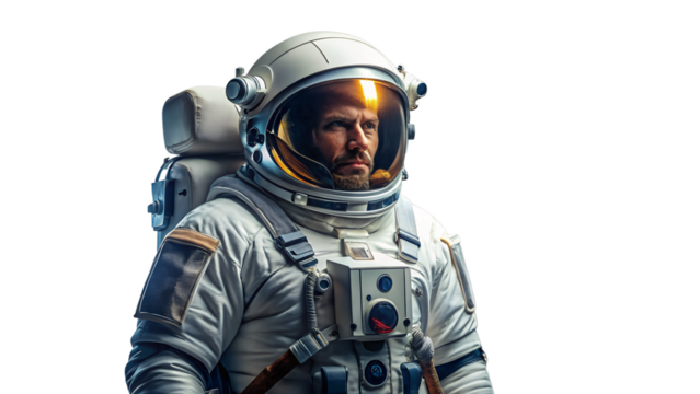 A determined astronaut in a spacesuit, isolated on transparent background, embodying the spirit of space exploration and the pursuit of scientific discovery