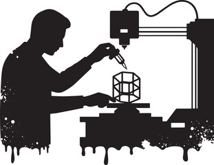 Creative silhouette depiction of a man using a 3D printer to mak