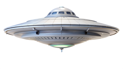 Silver ufo flying saucer spaceship isolated on transparent background, representing alien technology, science fiction, and futuristic transportation