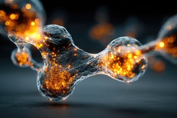 Abstract representation of interconnected cellular structures, illuminated with glowing particles.  Complex, fluid shapes, dark background