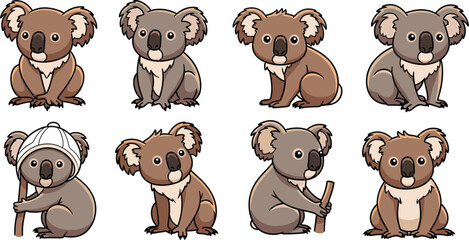 Cartoon koalas sitting in various poses. Cute wildlife, animal illustration, mammal, adorable, graphic, nature, icon, zoo, furry, cuddly, character, funny, vector