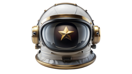 Vintage astronaut helmet with gold accents and a star reflection isolated on transparent background, evoking a sense of space exploration and retrofuturism