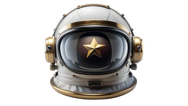 Vintage astronaut helmet with gold accents and a star reflection isolated on transparent background, evoking a sense of space exploration and retrofuturism
