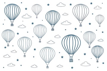 Whimsical hot air balloons floating amongst clouds and stars