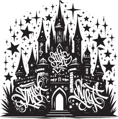 Illustration of a castle with graffiti and stars in a black and white artistic style