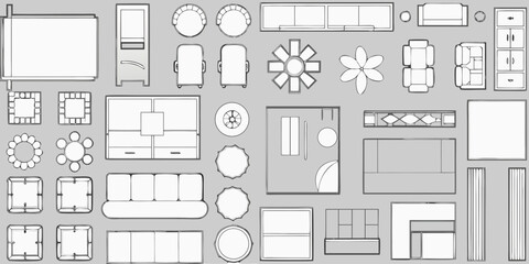 Collection of hand drawn furniture and interior design elements viewed from above in a top down perspective