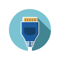 Blue HDMI cable with connector on light blue circle, shadow.