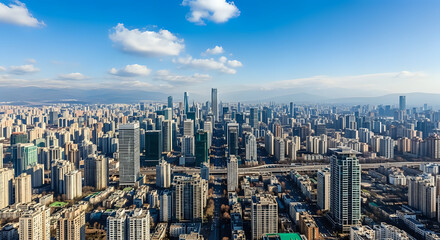 Fototapeta premium Expansive urban skyline showcases modern skyscrapers under a bright blue sky with scattered clouds, a vibrant cityscape stretching to the horizon.