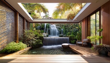 room garden waterfall concept serene indoor space featuring a water feature and natural light
