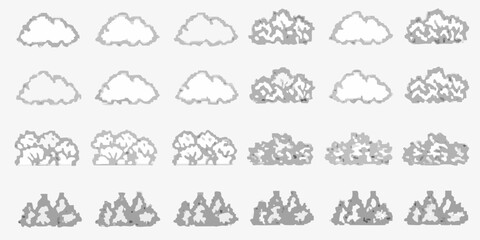 Collection of stylized pixel art clouds and bushes in various shades of gray and white