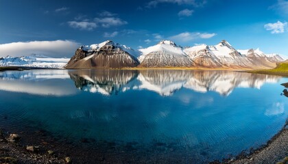 dramatic snow capped peaks reflecting in crystal clear turquoise lake water iceland