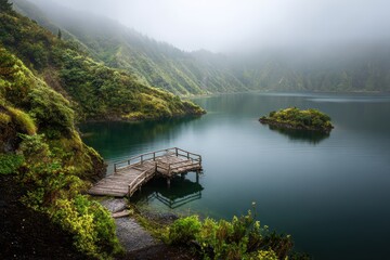 Fototapeta premium Spectacular Volcanic Crater Lake with Verdant Surroundings and Ethereal Mist, Wooden Dock Piercing the Calm Waters
