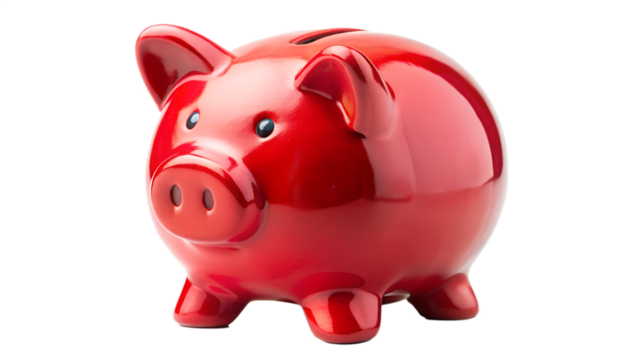 A shiny red piggy bank isolated on transparent background, symbolizing saving money for the future and financial security with a cute design