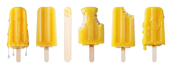 Yellow popsicle set including whole, melting, bitten, and stick stages isolated. Refreshing summer treats.