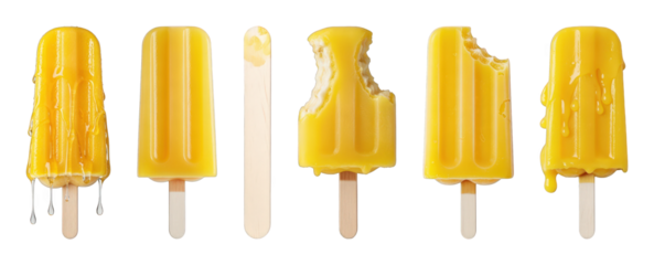 Yellow popsicle set including whole, melting, bitten, and stick stages isolated. Refreshing summer treats.