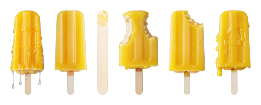 Yellow popsicle set including whole, melting, bitten, and stick stages isolated. Refreshing summer treats.