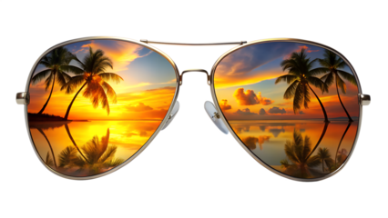 Aviator sunglasses reflecting a tropical sunset with palm trees and a serene beach isolated on transparent background