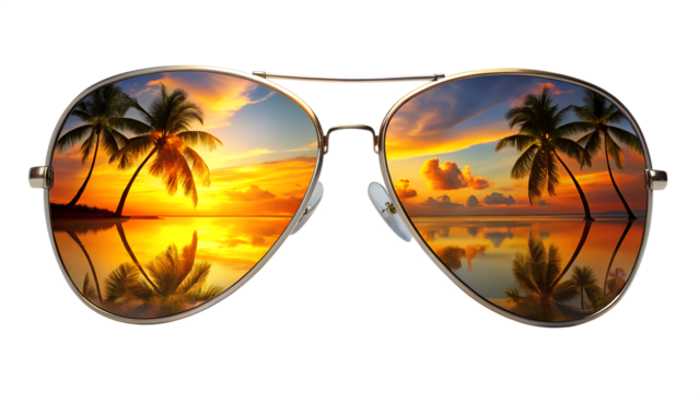 Aviator sunglasses reflecting a tropical sunset with palm trees and a serene beach isolated on transparent background