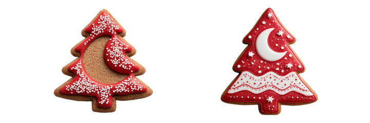 Two festive christmas tree cookies with icing and glitter, isolated on transparent background