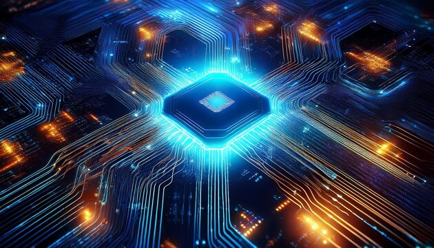 ai chip glows with blue energy and power futuristic processor of artificial intelligence radiates light and lightning concept of computer technology circuit board cpu data - Powered by Adobe