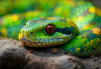 A close-up of a lively snake resting with striking red eyes.

