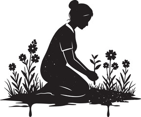 A solitary woman tends a garden, nurturing growth in silhouette