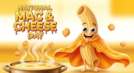 Celebrating national mac and cheese day with cheerful cartoon character in orange cape