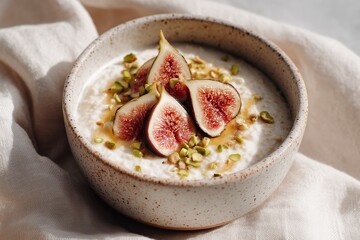 Bowl of creamy yogurt topped with fresh figs and crushed pistachios, elegantly arranged on a soft fabric, showcasing a delightful and healthy breakfast option