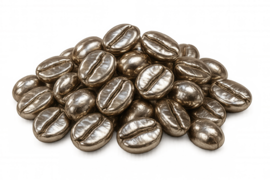 Metallic coffee beans are piled up, creating a visually striking image against a transparent background