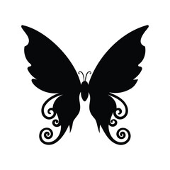Elegant butterfly silhouette with intricate wing details and symmetrical design illustration, fairy wings with curls silhouette vector illustration
