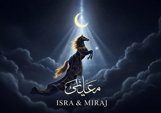 Majestic night journey illustration of buraq with crescent moon and stars for isra and miraj celebration