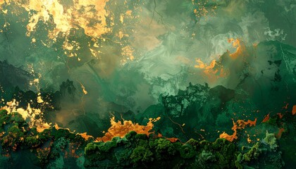 Abstract Emerald and Gold Landscape:  Swirling Paints and Mossy Textures