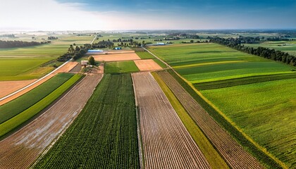aerial view of a farm with alternating sections of crops and cover crops © Leroy