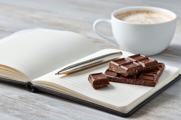 Cup of coffee with chocolate pieces on open notebook and pen on wooden desk, warm drink with snack concept.