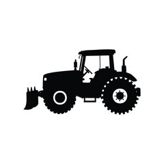 Detailed vector silhouette illustration of a tractor with front end loader, farm tractor with plow silhouette vector illustration