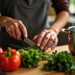 Close-up of hands chopping fresh parsley on a wooden board with tomato and cooking pot nearby in kitchen setting.