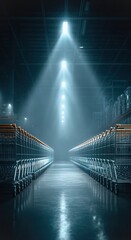Rows of empty shopping carts aligned in a warehouse under bright ceiling lights, perspective view of retail storage area.